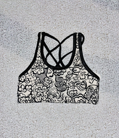 Youth Crop Top--White and Black Flowers